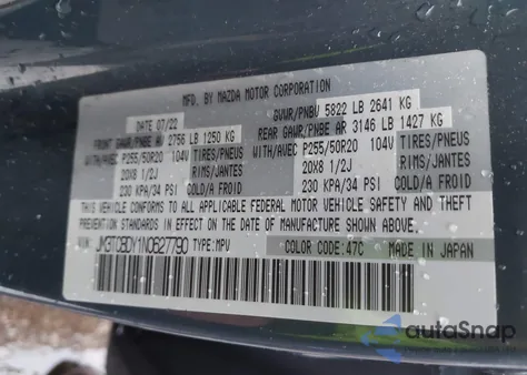 2022 Mazda Cx-9 Carbon Edition from USA, damaged, VIN JM3TCBDY1N0627790